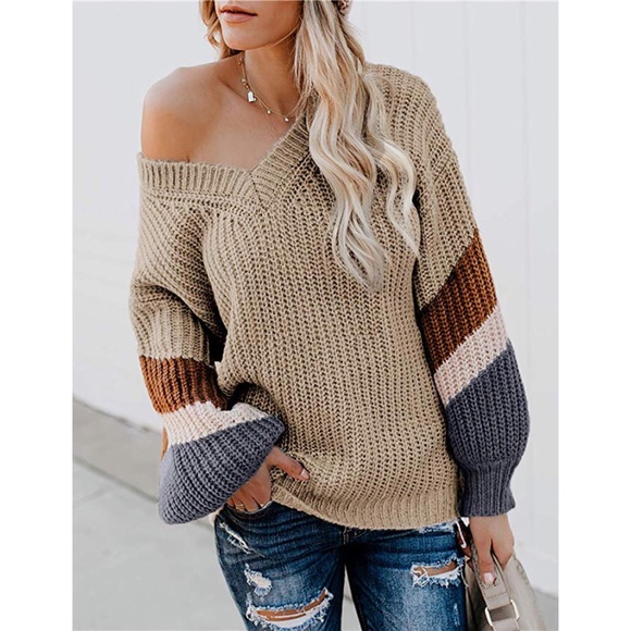 Sweaters - Chunky Knit Color Strip Sleeves Sweater